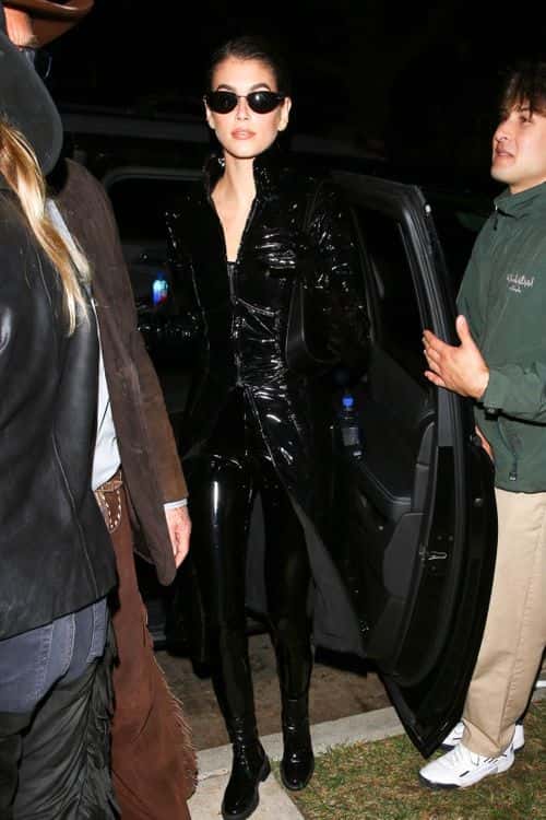 Kaia Gerber brings out the patent leather for a Matrix-inspired look at the annual Casamigos Halloween party in Beverly Hills. (Backgrid)