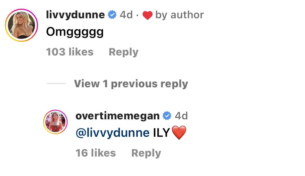 Olivia Dunne makes a one-word response on Megan Eugenio's picture(@overtimemegan/Instagram)