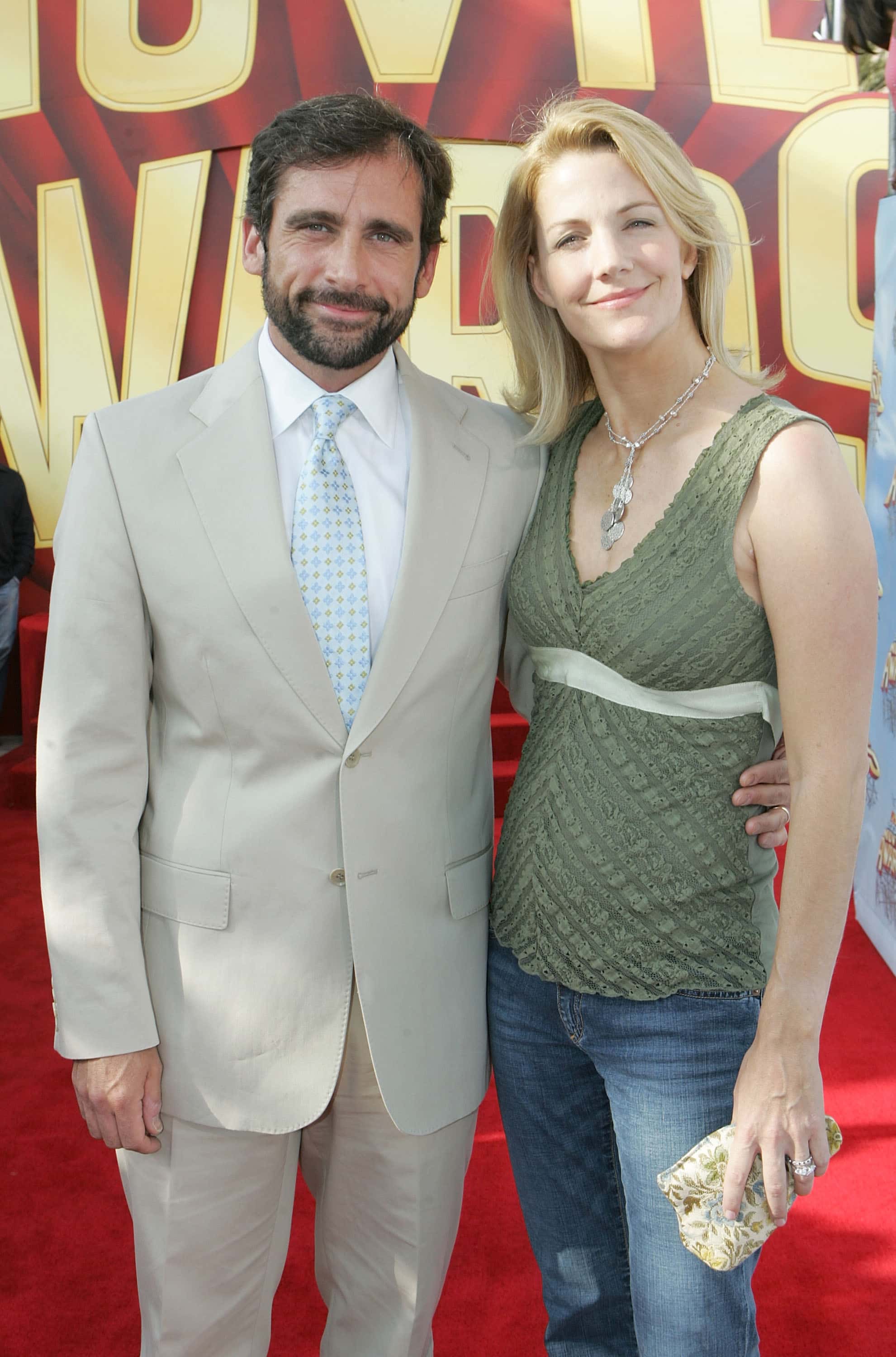 LOS ANGELES - JUNE 4: Actors Steve Carell and wife Nancy Walls arrive to the 2005 MTV Movie Awards at the Shrine Auditorium June 4, 2005 in Los Angeles, California. The 14th annual award show will premiere on MTV Thursday, June 9 at 9:00PM (ET/PT). (Photo By Frank Micelotta/Getty Images)
