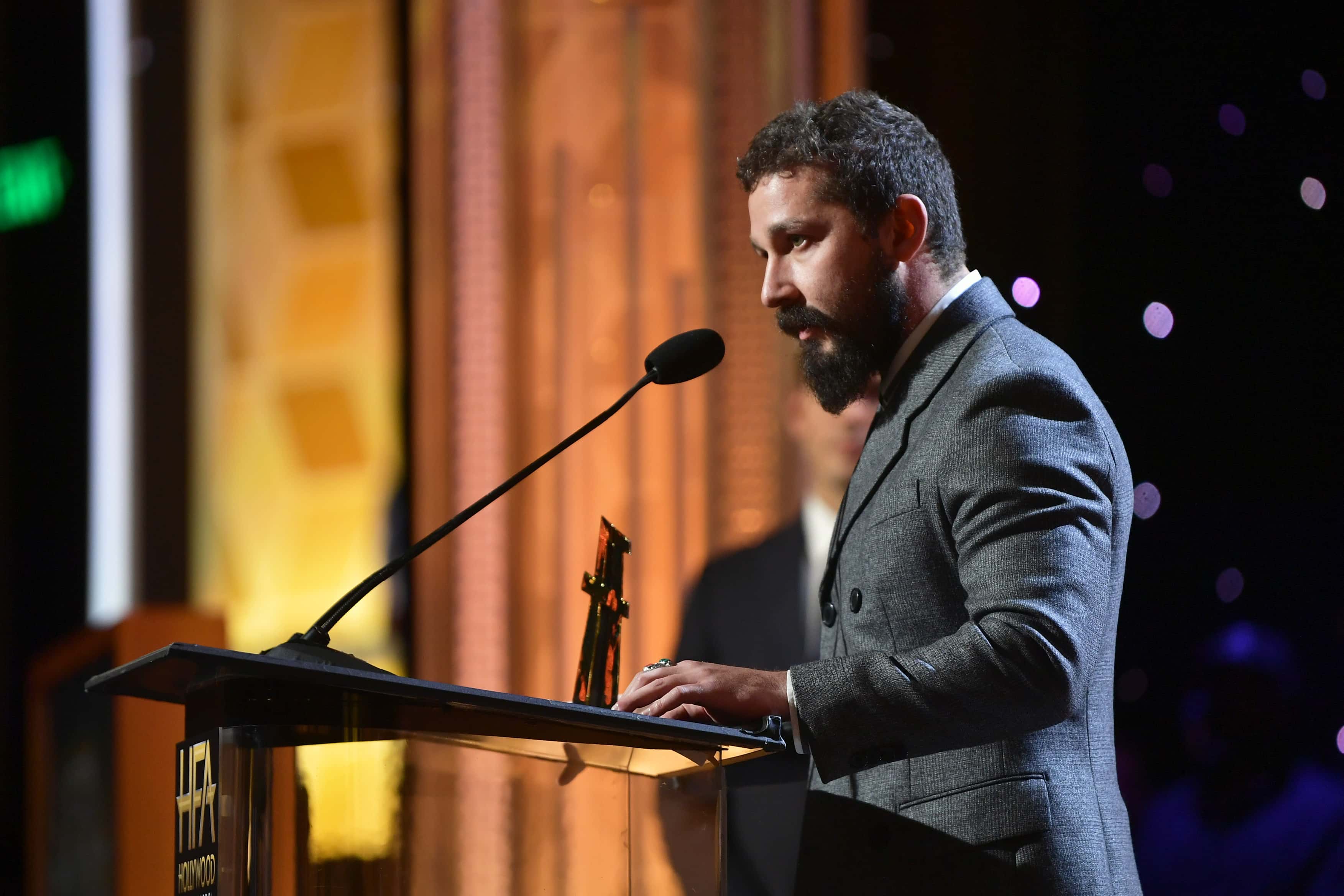 Shia LaBeouf accepts the Hollywood Breakthrough Screenwriter Award onstage during the 23rd Annual Hollywood Film Awards at The Beverly Hilton Hotel on November 03, 2019 in Beverly Hills, California. (Photo by Emma McIntyre/Getty Images for HFA)
