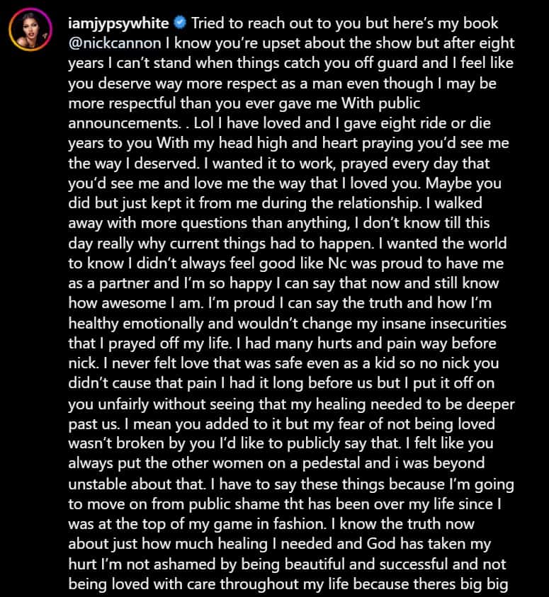 Jessica White lengthy note to Nick Cannon (Instagram/ iamjypsywhite)