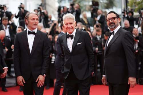 (L-R) Mads Mikkelsen, Harrison Ford and Director James Mangold attend the 