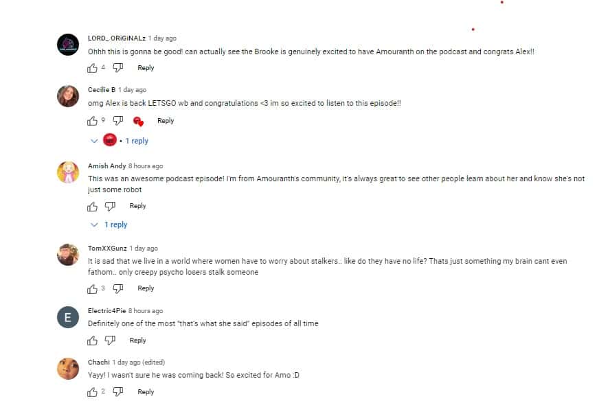 Comments left on Amouranth podcast video (100 Thieves/YouTube)