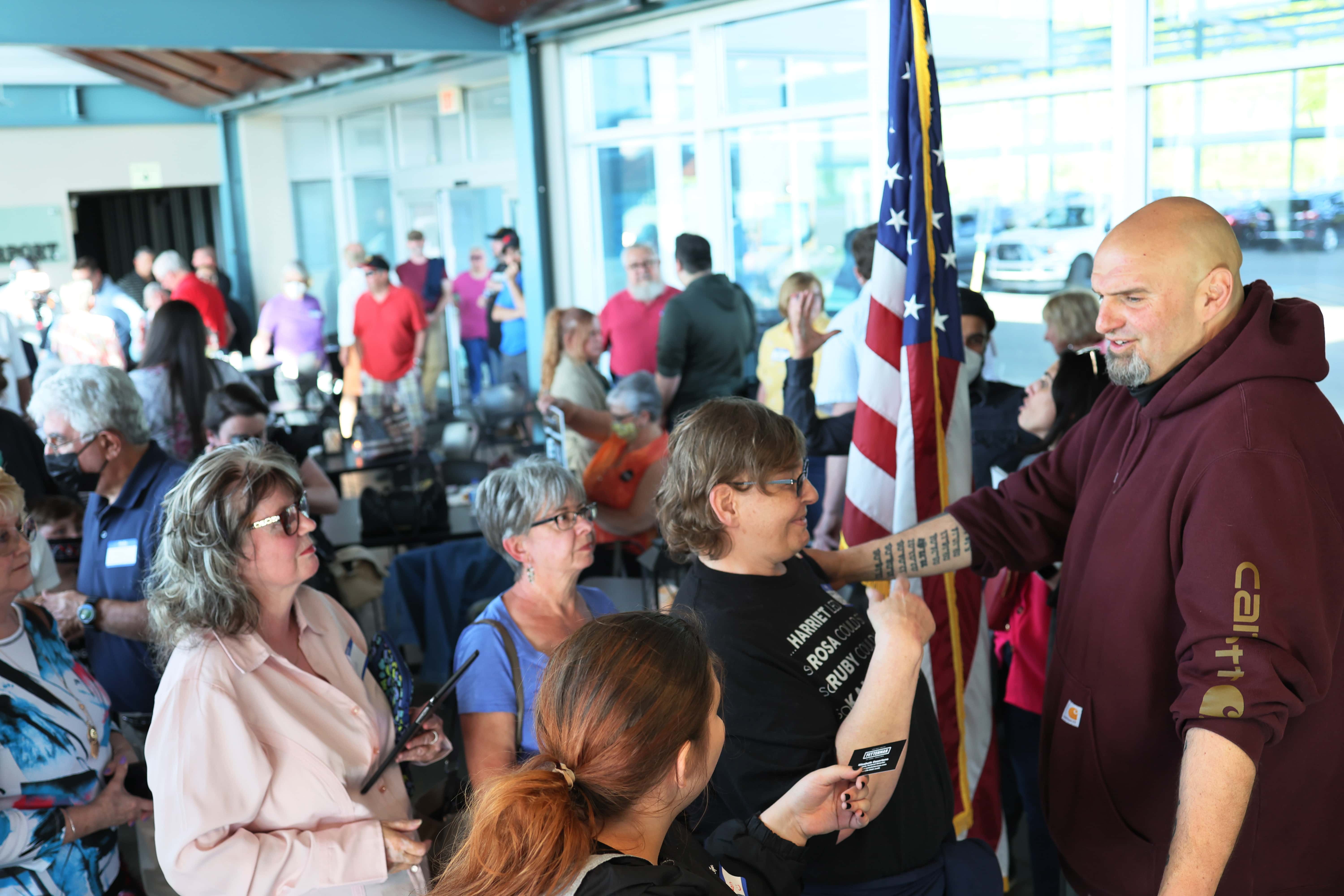 LEMONT FURNACE, PENNSYLVANIA - MAY 10: Pennsylvania Lt. Gov. John Fetterman (R) campaigns for U.S. S