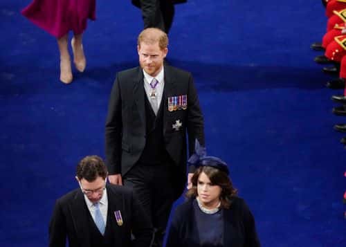 LONDON, ENGLAND - MAY 06: Prince Harry, Duke of Sussex with Princess Eugenie
and Jack Brooksbank at the coronation of King Charles III and Queen Camilla at Westminster Abbey, on May 6, 2023 in London, England. The Coronation of Charles III and his wife, Camilla, as King and Queen of the United Kingdom of Great Britain and Northern Ireland, and the other Commonwealth realms takes place at Westminster Abbey today. Charles acceded to the throne on 8 September 2022, upon the death of his mother, Elizabeth II. (Photo by Andrew Matthews - WPA Pool/Getty Images)