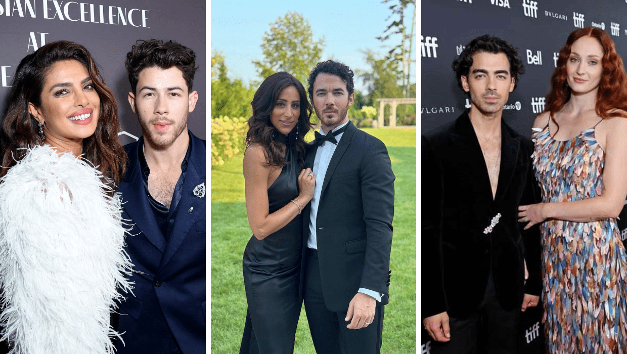 Nick Jonas with Priyanka Chopra, Kevin Jonas with Danielle Jonas, and Joe Jonas with Sophie Turner (Getty Images, @kevinjonas/Instagram)