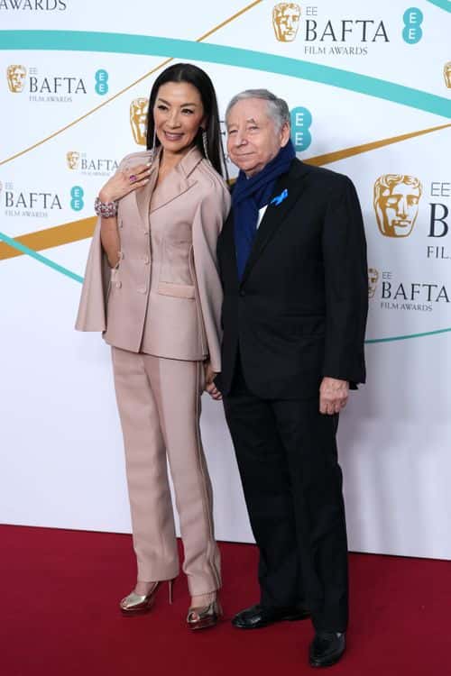 Michelle Yeoh and Jean Todt attend the EE BAFTA Film Awards 2023 at The Royal Festival Hall on February 19, 2023 in London, England.
