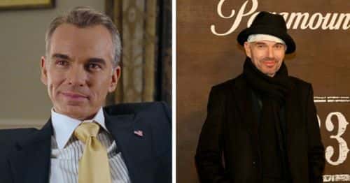 Billy Bob Thornton as the US President (L) in 'Love Actually (IMDB), and Billy Bob Thornton attends the world premiere of