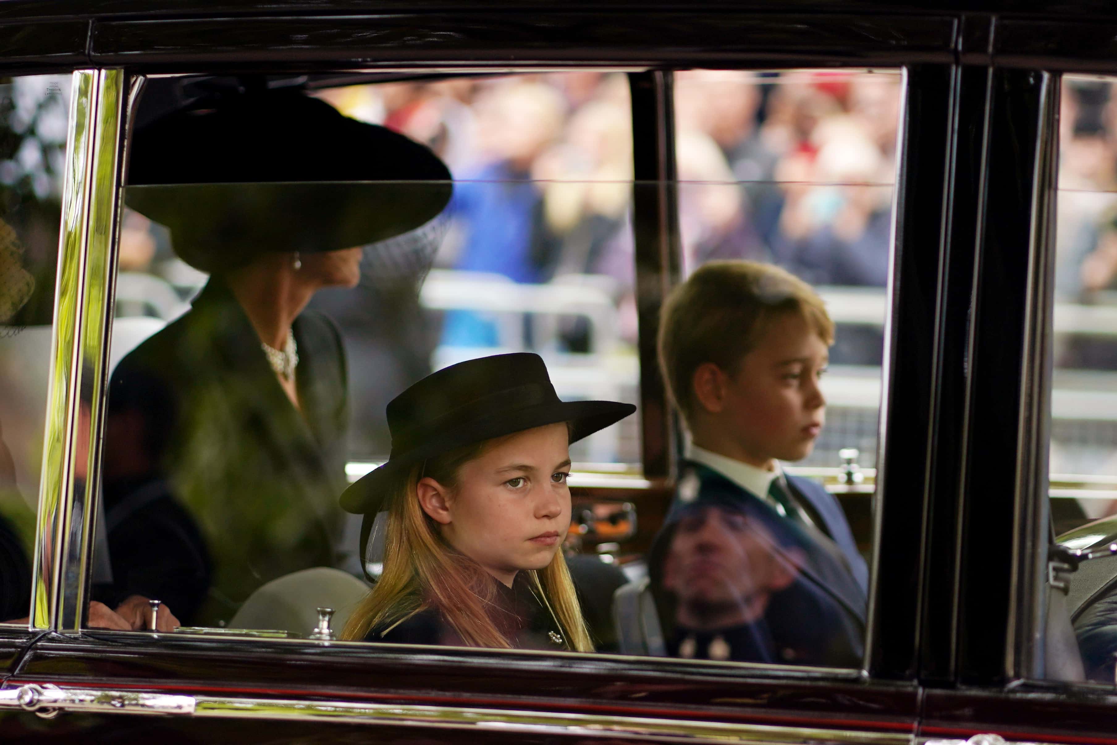 Catherine, Princess of Wales, Princess Charlotte of Wales and Prince George of Wales leaving Westminster Abbey during the State Funeral of Queen Elizabeth II on September 19, 2022 in London, England. Elizabeth Alexandra Mary Windsor was born in Bruton Street, Mayfair, London on 21 April 1926. She married Prince Philip in 1947 and ascended the throne of the United Kingdom and Commonwealth on 6 February 1952 after the death of her Father, King George VI. Queen Elizabeth II died at Balmoral Castle in Scotland on September 8, 2022, and is succeeded by her eldest son, King Charles III.