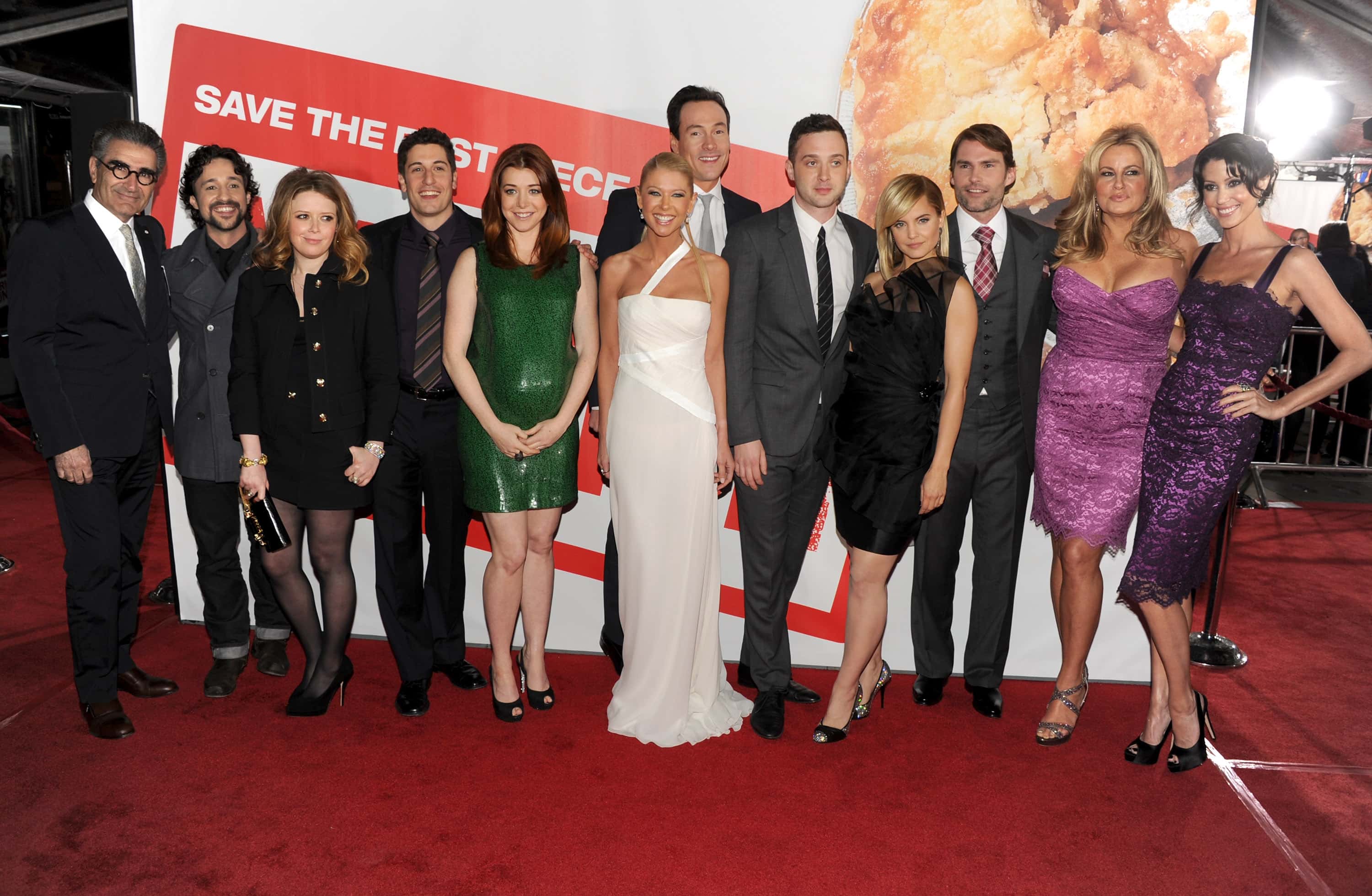 HOLLYWOOD, CA - MARCH 19: (L-R) Actors Eugene Levy, Thomas Ian Nicholas, Natasha Lyonne, actor/producer Jason Biggs, actors Alyson Hannigan, Tara Reid, Chris Klein, Eddie Kaye Thomas, Mena Suvari, Seann William Scott, Jennifer Coolidge, and Shannon Elizabeth arrive at the premiere of Universal Pictures' 
