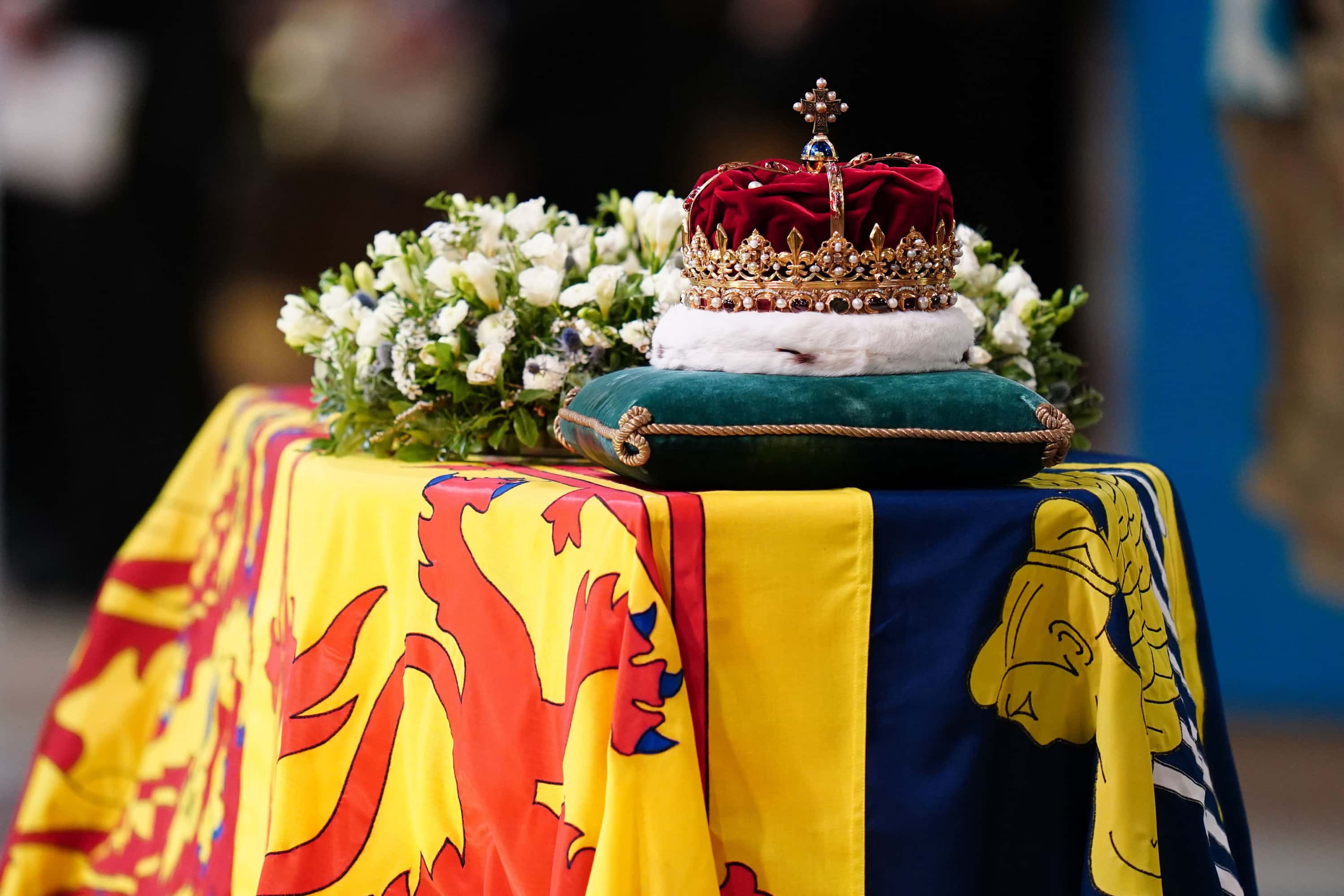 The Crown of Scotland sits atop the coffin of Queen Elizabeth II during a Service of Prayer and Reflection for her life at St Giles' Cathedral on September 12, 2022 in Edinburgh, Scotland.