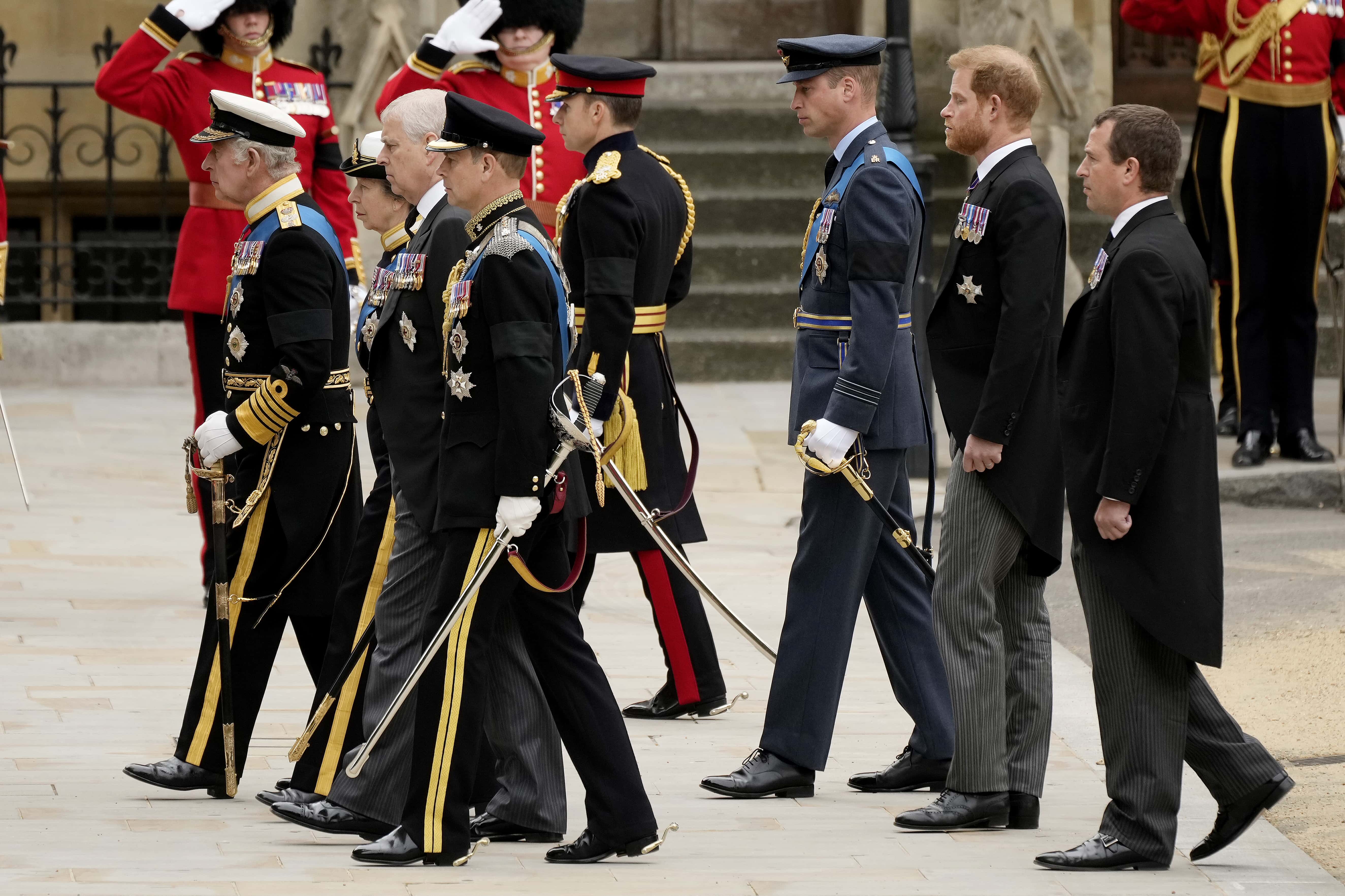 King Charles III, Anne, Princess Royal, Prince Andrew, Duke of York, Prince Edward, Earl of Wessex, Prince William, Prince of Wales, Prince Harry, Duke of Sussex and Peter Phillips arrive at Westminster Abbey for the State Funeral of Queen Elizabeth II on September 19, 2022 in London, England. Elizabeth Alexandra Mary Windsor was born in Bruton Street, Mayfair, London on 21 April 1926. She married Prince Philip in 1947 and ascended the throne of the United Kingdom and Commonwealth on 6 February 1952 after the death of her Father, King George VI. Queen Elizabeth II died at Balmoral Castle in Scotland on September 8, 2022, and is succeeded by her eldest son, King Charles III.