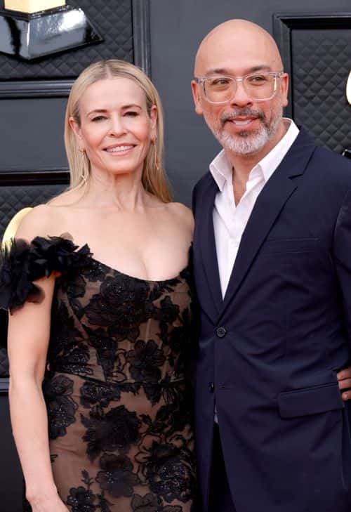 (L-R) Chelsea Handler and Jo Koy attend the 64th Annual GRAMMY Awards at MGM Grand Garden Arena on April 03, 2022 in Las Vegas, Nevada.