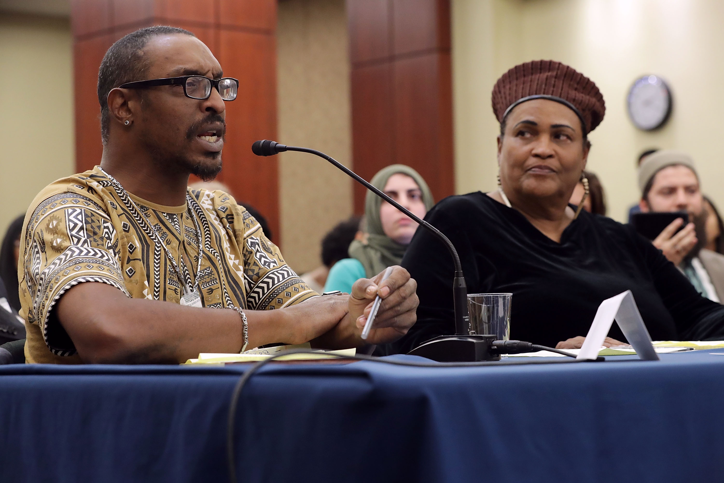 Muhammad Ali Jr., son of boxing legend Muhammad Ali, and his mother Khalilah Camacho-Ali participate in a forum titled 'Ali v. Trump: The Fight for American Values' about immigration enforcement with Democratic members of the House of Representatives in the House Visitors Center at the U.S. Capitol March 9, 2017 in Washington, DC. Ali was held for nearly two hours by Immigration and Customs Enforcement officials and questioned about his Muslim faith after returning to the United States from a trip to Jamaica.