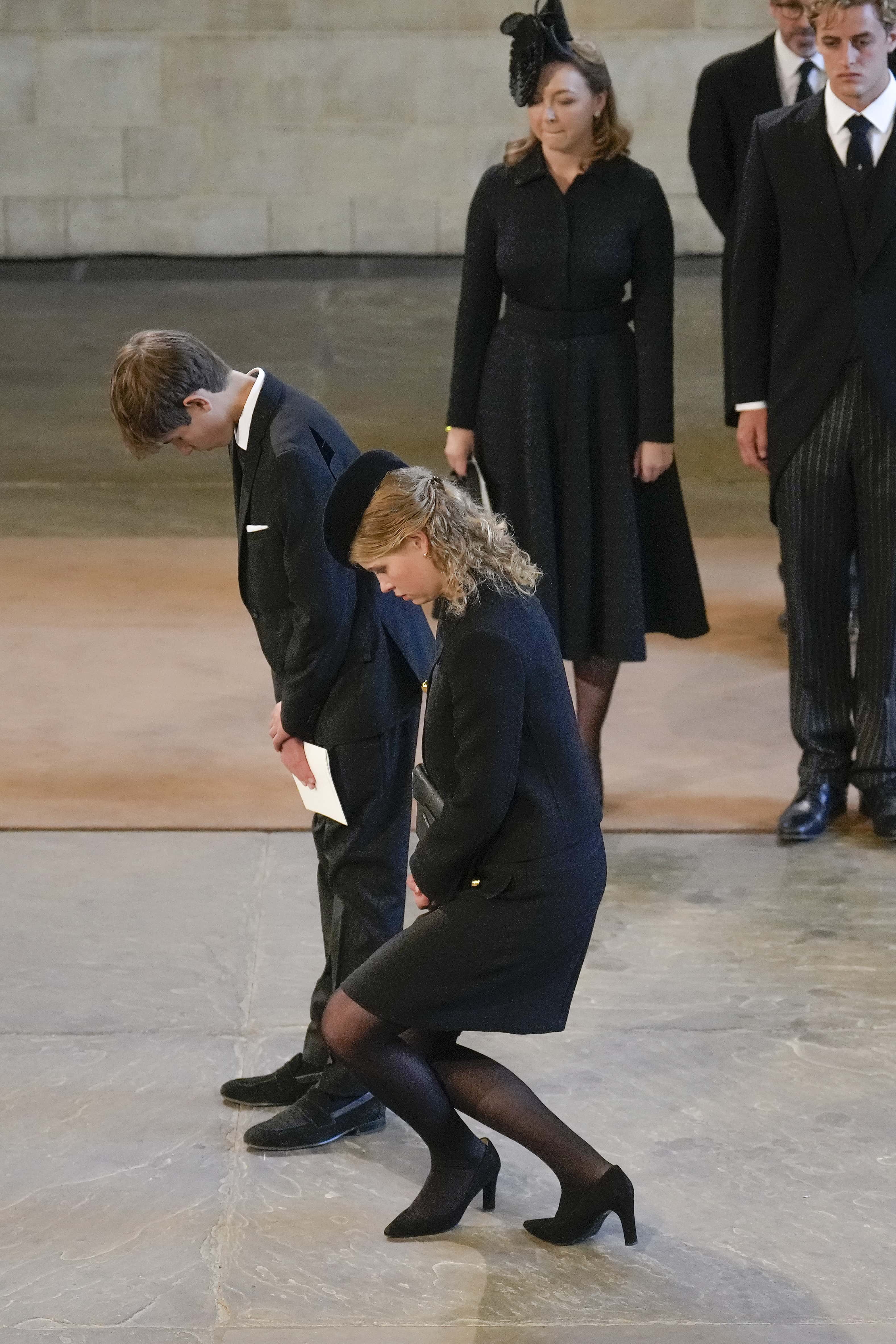 James, Viscount Severn and Lady Louise Windsor pay their respects in The Palace of Westminster after the procession for the Lying-in State of Queen Elizabeth II on September 14, 2022 in London, England. Queen Elizabeth II's coffin is taken in procession on a Gun Carriage of The King's Troop Royal Horse Artillery from Buckingham Palace to Westminster Hall where she will lay in state until the early morning of her funeral. Queen Elizabeth II died at Balmoral Castle in Scotland on September 8, 2022, and is succeeded by her eldest son, King Charles III.