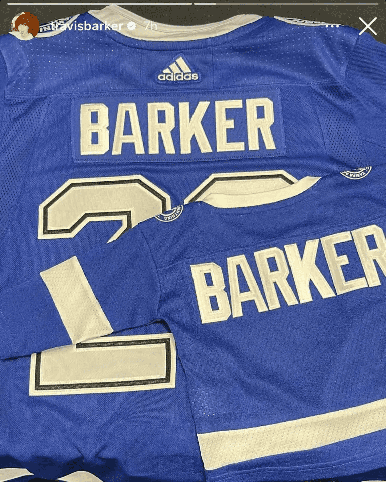 Travis Barker posts a blue jersey for himself and his soon-to-be baby boy with Kourtney Kardashian (@travisbarker/Instagram) 