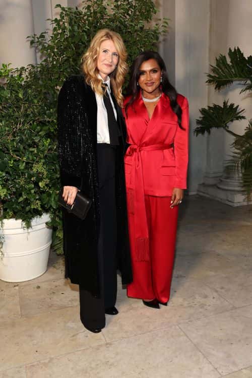 (L-R) Laura Dern and Mindy Kaling attend the Ralph Lauren SS23 Runway Show at The Huntington Library, Art Collections, and Botanical Gardens on October 13, 2022 in San Marino, California.