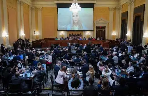 Video of Ivanka Trump speaking with committee members is shown at a hearing held by the Select Committee to Investigate the January 6th Attack on the U.S. Capitol on June 09, 2022 on Capitol Hill in Washington, DC. The bipartisan committee, which has been gathering evidence related to the January 6, 2021 attack at the U.S. Capitol for almost a year, will present its findings in a series of televised hearings. On January 6, 2021, supporters of President Donald Trump attacked the U.S. Capitol Building in an attempt to disrupt a congressional vote to confirm the electoral college win for Joe Biden.