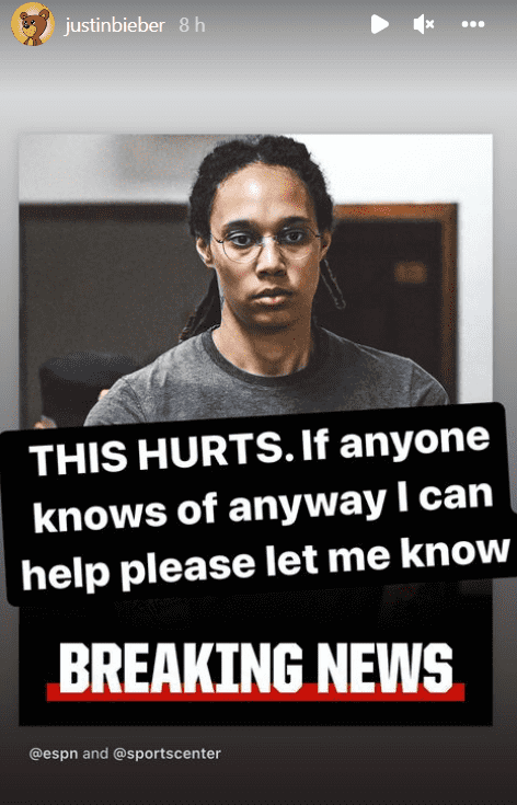Justin Bieber expressed his concern about Brittney Griner getting jailed for nine years in Russia (Photo by Instagram@justinbieber)