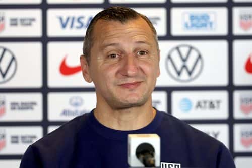 Head coach Vlatko Andonovski of Team United States speaks to members of the media at Dignity Health Sports Park on June 27, 2023 in Carson, California.