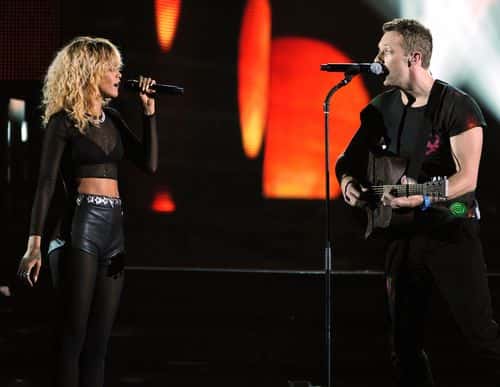 Singer Rihanna and musician Chris Martin of Coldplay perform onstage at the 54th Annual GRAMMY Awards held at Staples Center on February 12, 2012 in Los Angeles, California.