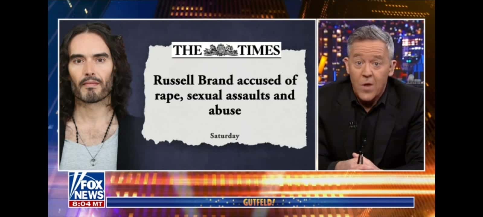 Greg Gutfeld criticized media's involvement in reporting Russell Brand's sexual assault allegations (Fox News/YouTube) 