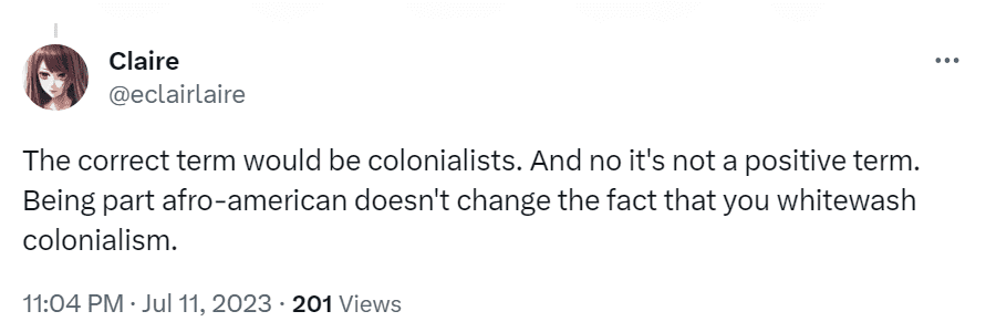 A user was quick to express his disdain toward Tristan as he went on to lash out at him for sup[porting colonialism (tatethetalisman/Twitter)