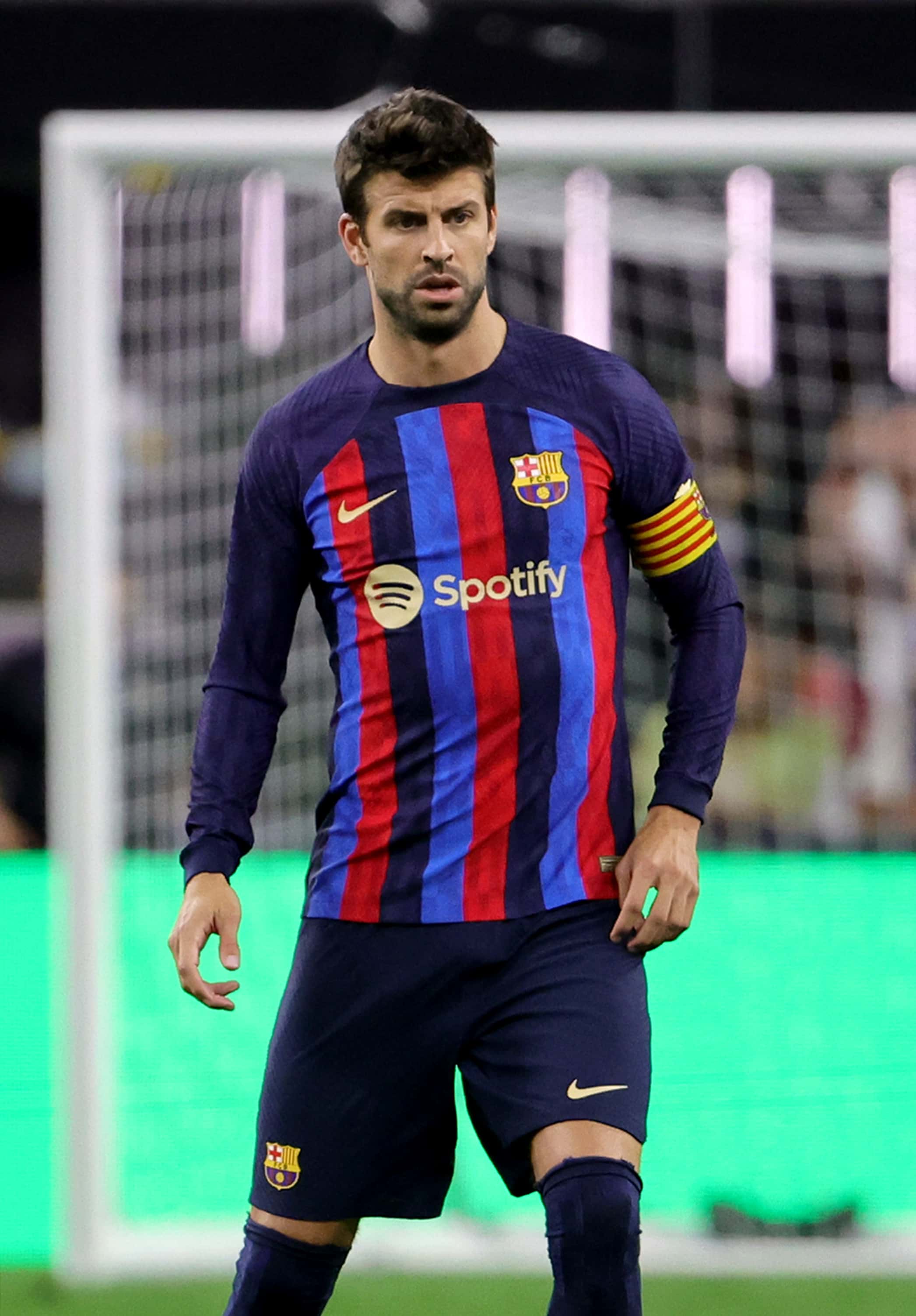 Gerard Piqué #3 of Barcelona stands on the field during a preseason friendly match against Real Madrid at Allegiant Stadium on July 23, 2022 in Las Vegas, Nevada. Barcelona defeated Real Madrid 1-0. (Photo by Ethan Miller/Getty Images)