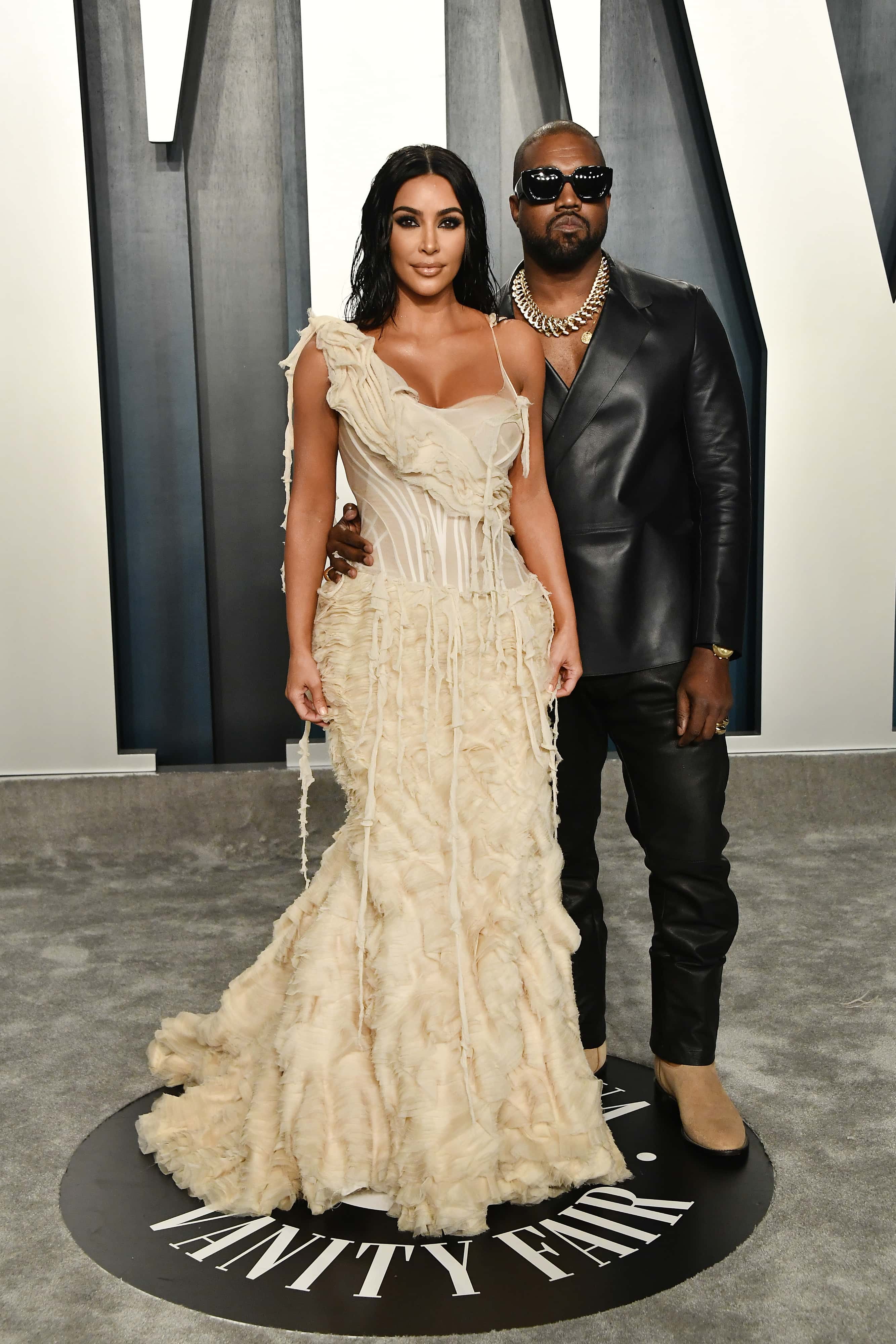 Kim Kardashian and Kanye West attend the 2020 Vanity Fair Oscar Party hosted by Radhika Jones at Wallis Annenberg Center for the Performing Arts on February 09, 2020 in Beverly Hills, California.