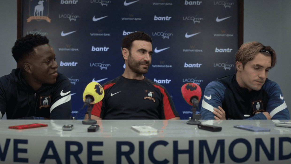 Toheeb Jimoh as Sam Obisanya, Brett Goldstein as Roy Kent, and Phil Dunster as Jamie Tartt in 'Ted Lasso' Season 3 (Apple TV+)