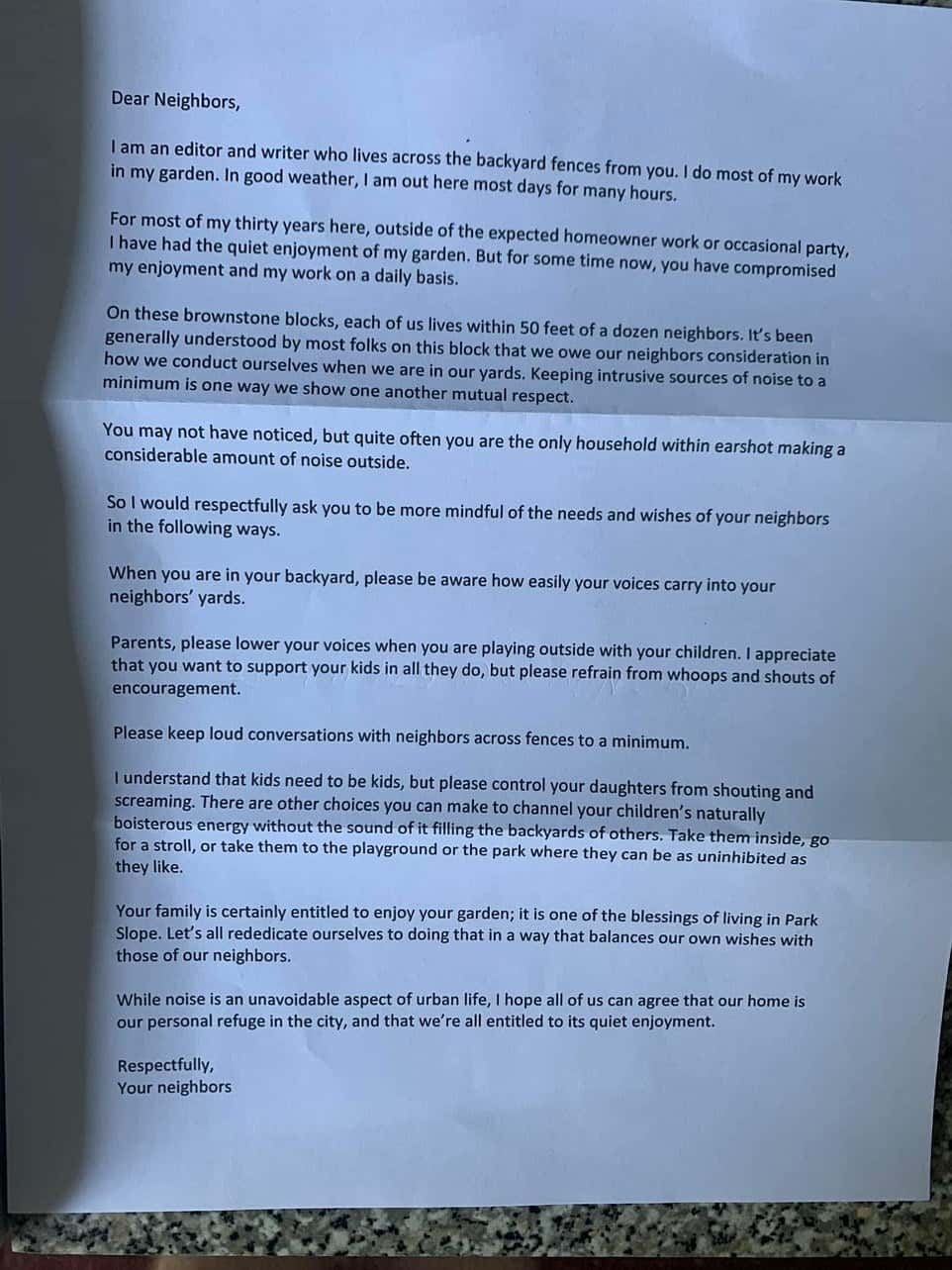 The letter was shared on Park Slope Moms Facebook group (Park Slope Moms/Facebook)