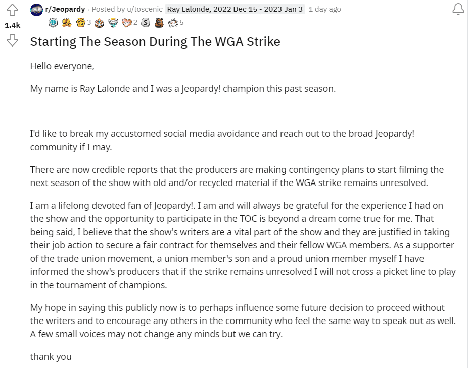 Ray Lalonde's Reddit post about him stepping back from 'Jeopardy!' (toscenic/Reddit)