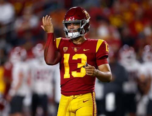 Caleb Williams #13 of the USC Trojans at United Airlines Field at the Los Angeles Memorial Coliseum on October 08, 2022 in Los Angeles, California.