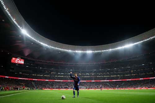 Lionel Messi of FC Barcelona acknowledges the crowd during the Spanish Copa del Rey Final match between Barcelona and Sevilla at Wanda Metropolitano stadium on April 21, 2018 in Barcelona, Spain.