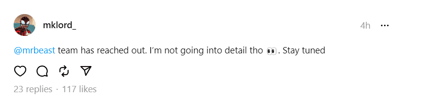 Winner of the giveaway posted on MrBeast's team contacting them (@mklord_/Threads)