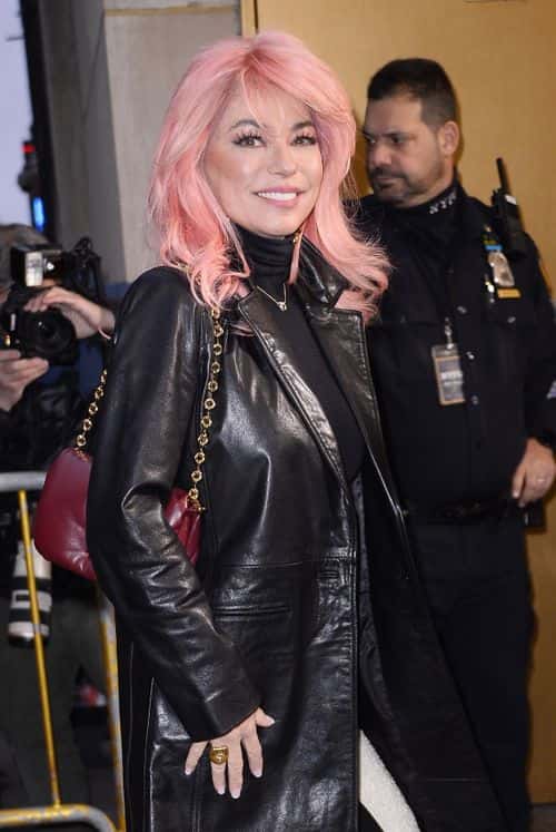 Twain opted for an eye-catchy look with a voluminous bubble-gum pink wig that stood out against her edgy black trench coat. (Backgrid)
