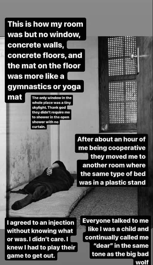 Sarah Brady was left to sleep in a room with concrete walls and floors and a mat on the floor (@sarahhbrady/Instagram)