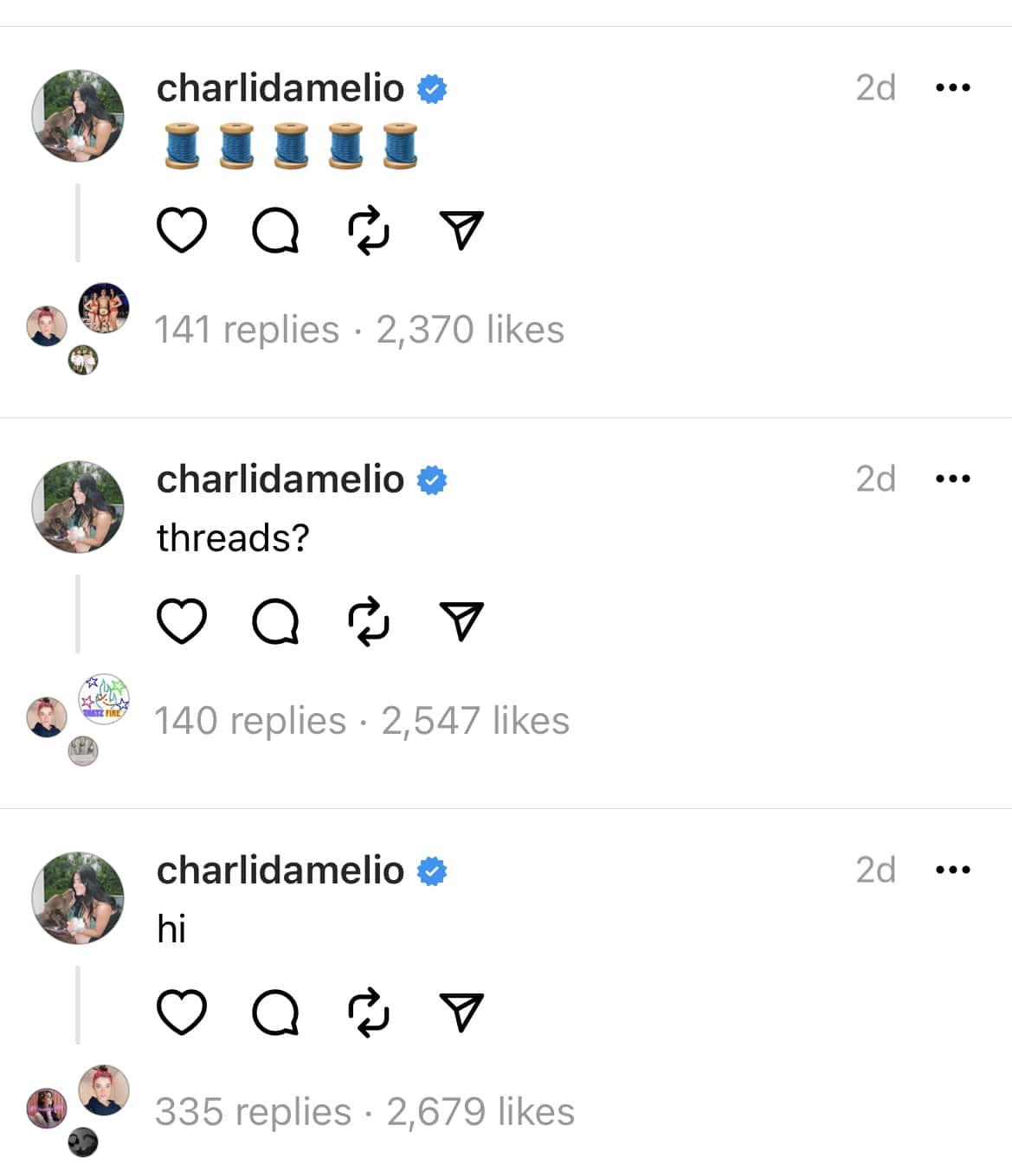 Charli D'Amelio's First Instagram thread (@charlidamelio/Instagram)