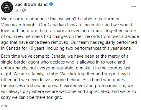 Zac Brown Band Facebook post (Photo credit screenshot Zac Brown Band / Facebook)