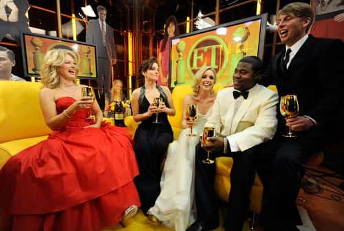 (L-R) Mary Hart speaks with actors Tina Fey, Jane Krakowski, Tracy Morgan, and Jack McBrayer backstage with Entertainment Tonight at the 66th Annual Golden Globe Awards held at the Beverly Hilton Hotel on January 11, 2009 in Beverly Hills, California.