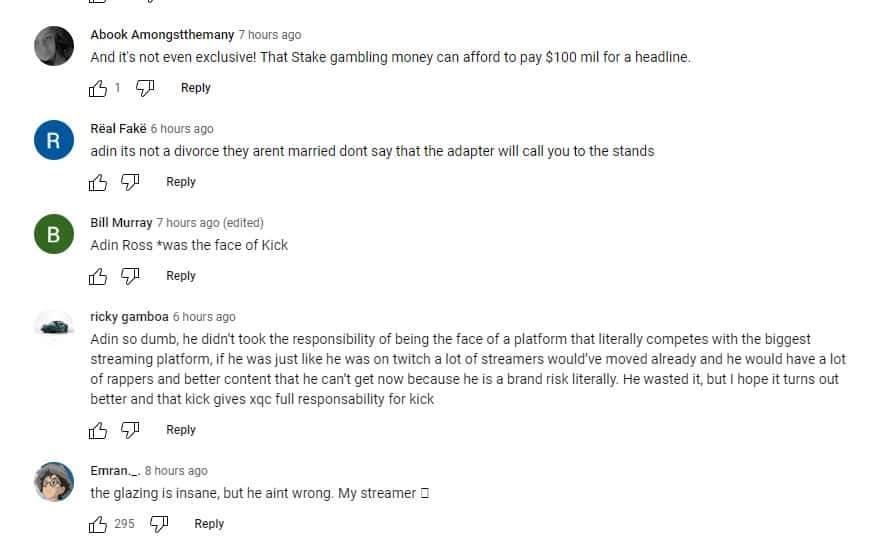 Comments left on Adin Ross, (xQc clips/YouTube)