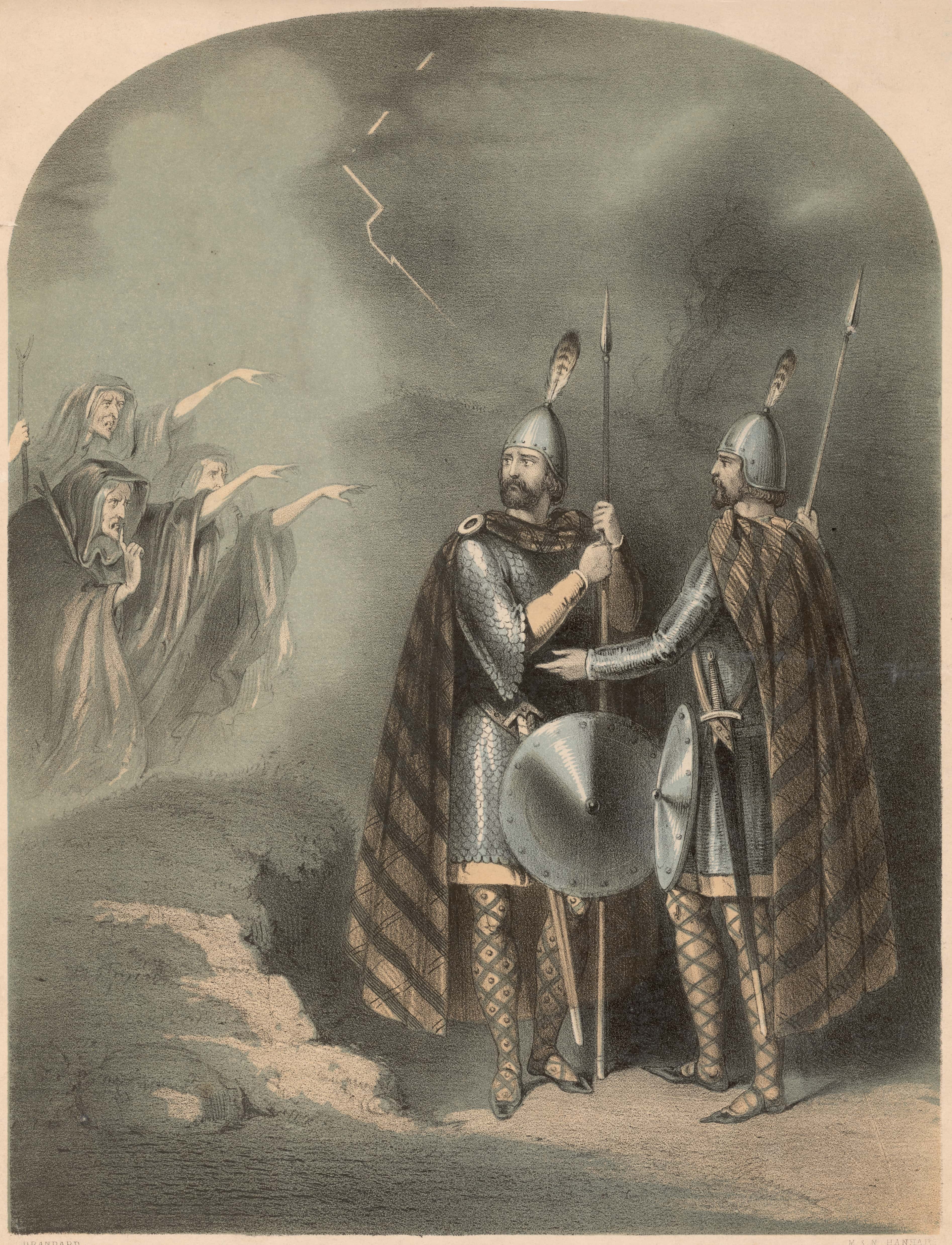 Circa 1030, The cover for a musical score of Verdi's opera 'Macbeth', depicting Shakespeare's anti-hero and his companion Banquo as they encounter the three witches on a deserted heath. (Photo by Hulton Archive/Getty Images)