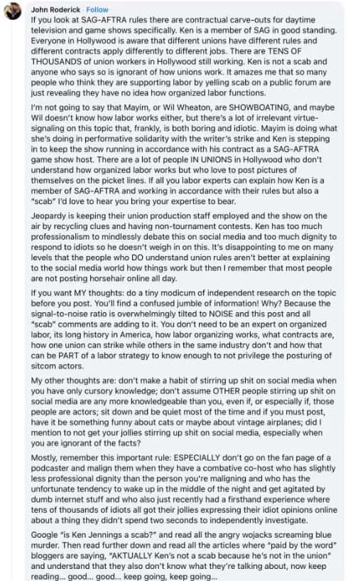 John Roderick shaded Mayim Bialik while supporting Ken Jennings (Facebook/John Roderick)