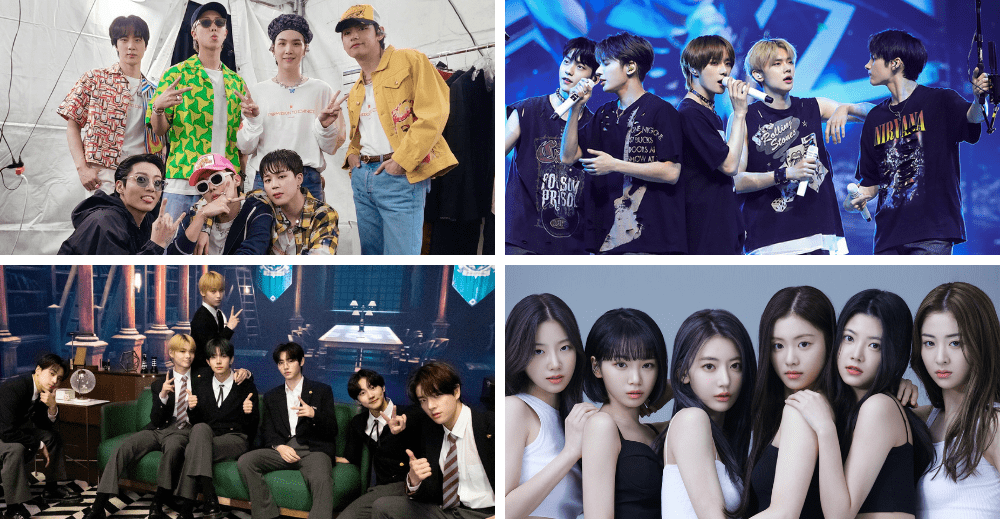 BTS, TXT, Enhypen and Le Sserafim are some of the K-pop groups under HYBE (@bts_bighit, @TXT_bighit, @ENHYPEN, @le_sserafim/Twitter)