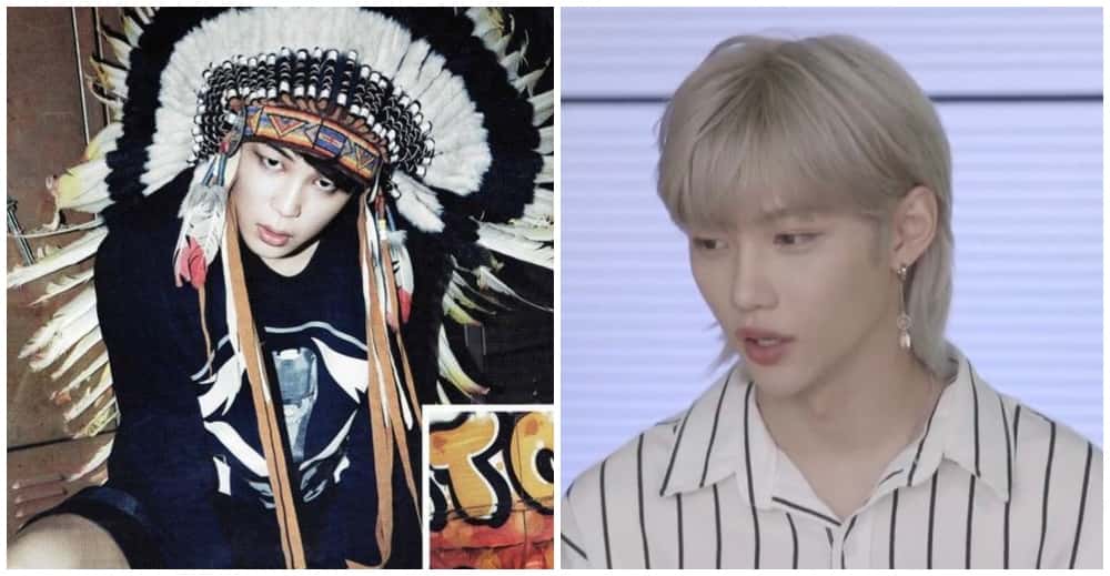 Jimin sports a Native American headdress while Stray Kids' Felix wears a dreamcatcher earring (wkorea/Instagram, Stray Kids/VLive)