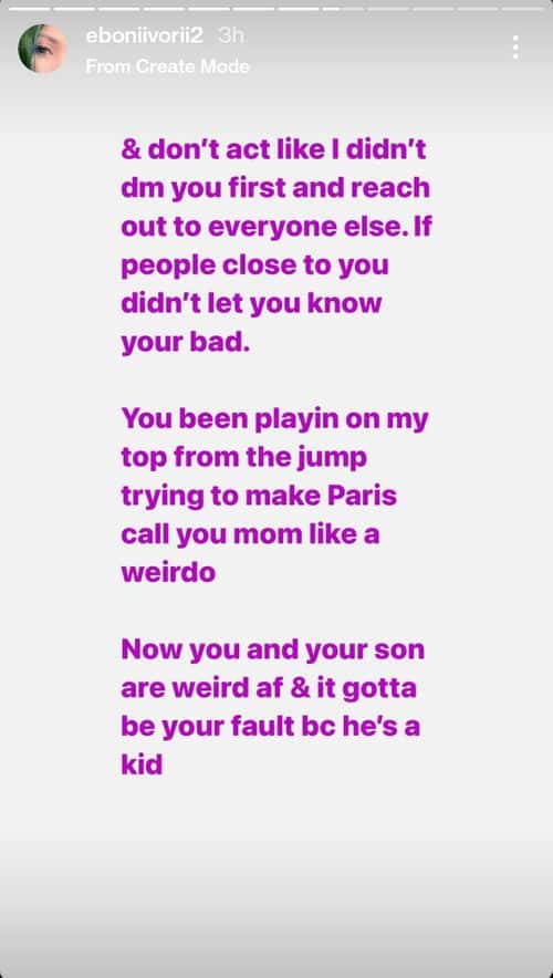 Eboni Ivori's story on Instagram accusing Shenseea and her son of