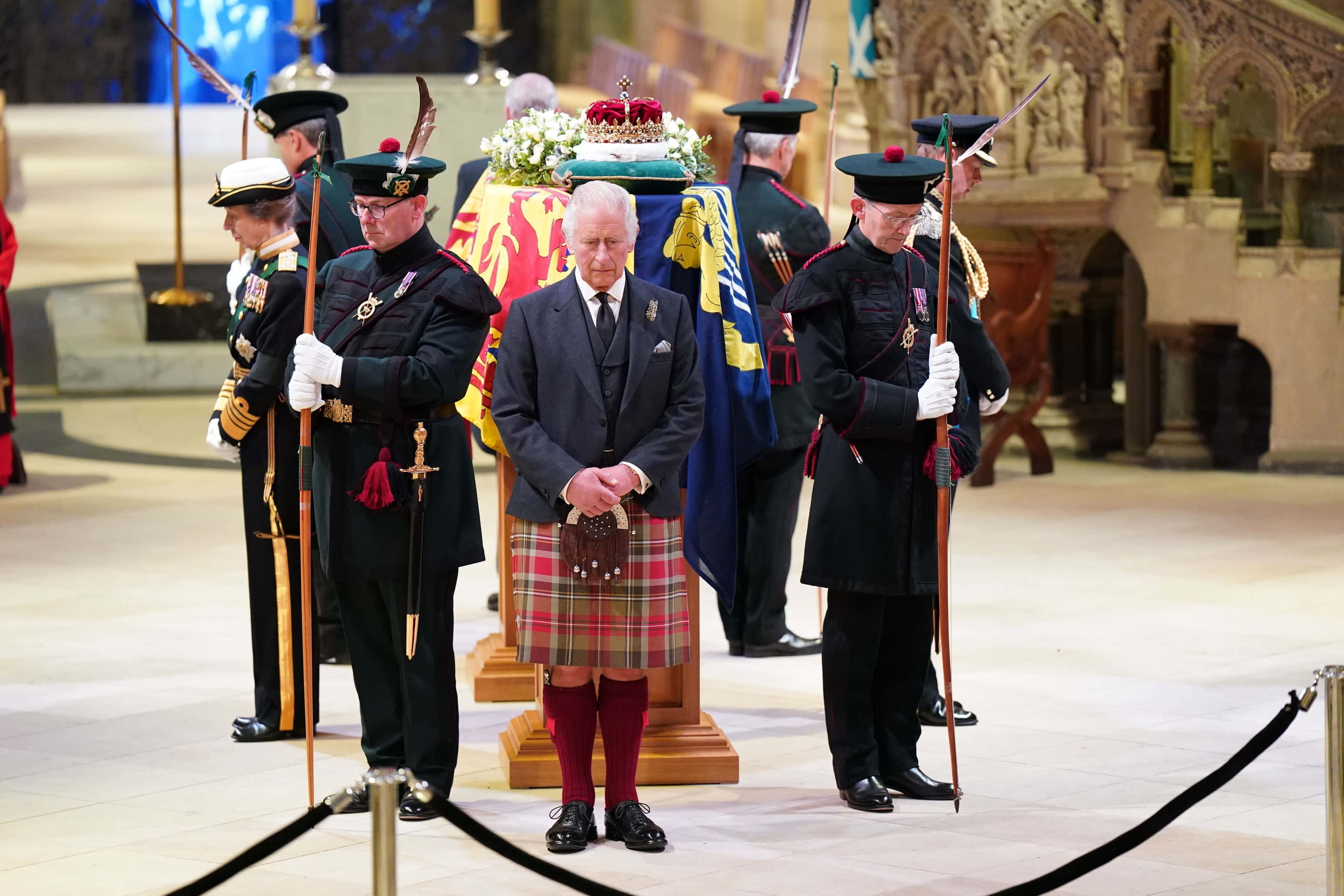 King Charles III, Prince Edward, Duke of Wessex, Princess Anne, Princes Royal and Prince Andrew, Duke of York hold a vigil at St Giles' Cathedral, in honour of Queen Elizabeth II as members of the public walk past on September 12, 2022 in Edinburgh, Scotland. The Queen’s four children attend to stand vigil over her coffin where it lies in rest for 24 hours before being transferred by air to London.