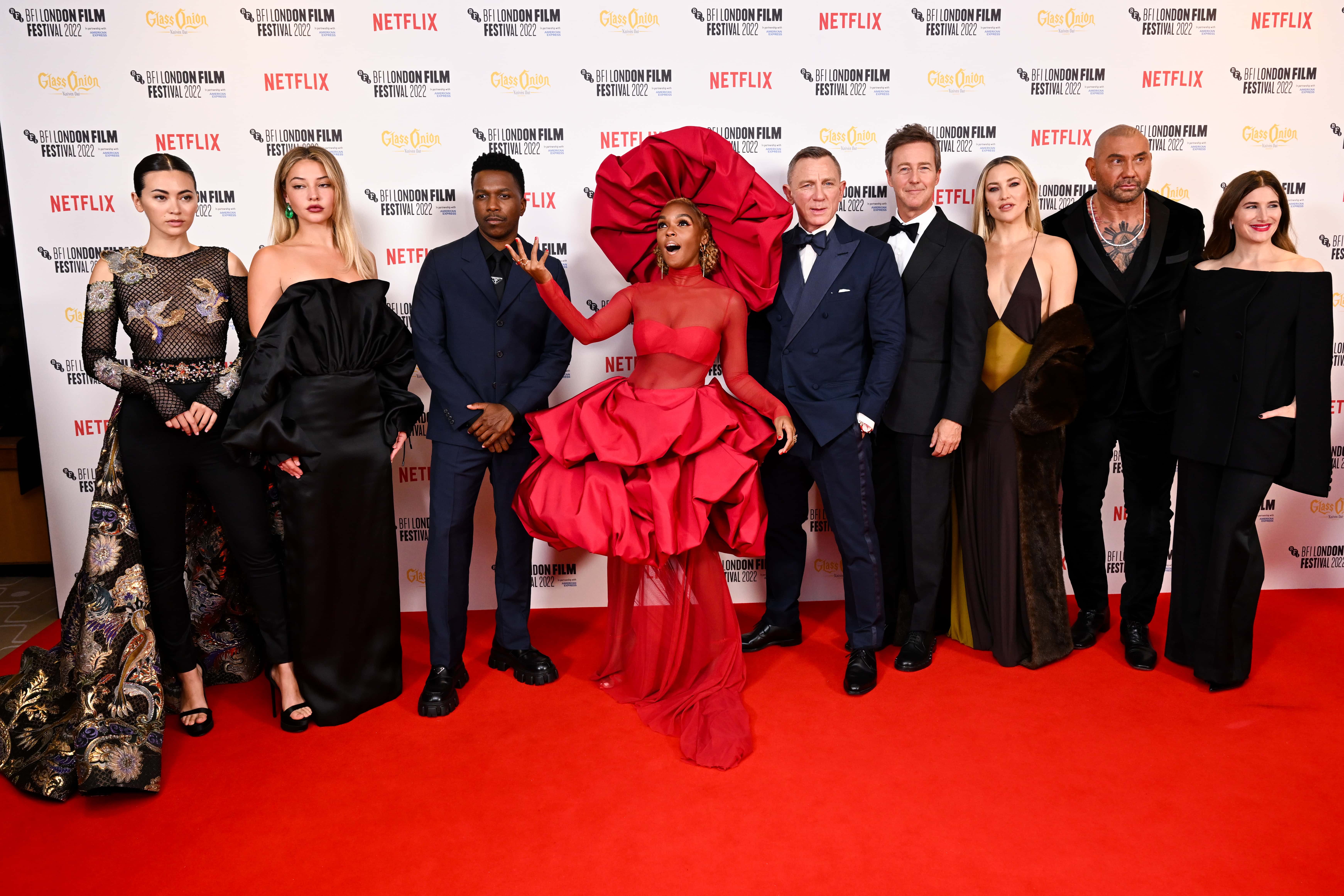 Jessica Henwick, Madelyn Cline, Leslie Odom Jr., Ram Bergman, Janelle Monáe, Daniel Craig, Rian Johnson, Edward Norton, Kate Hudson, Dave Bautista and Kathryn Hahn attend the