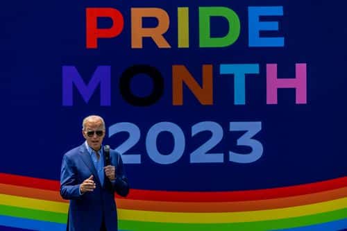 US President Joe Biden speaks at the Pride Month celebration on the South Lawn of the White House on June 10, 2023 in Washington, DC. Thousands of people came to the white house to celebrate pride month with a performance by singer Betty Who.