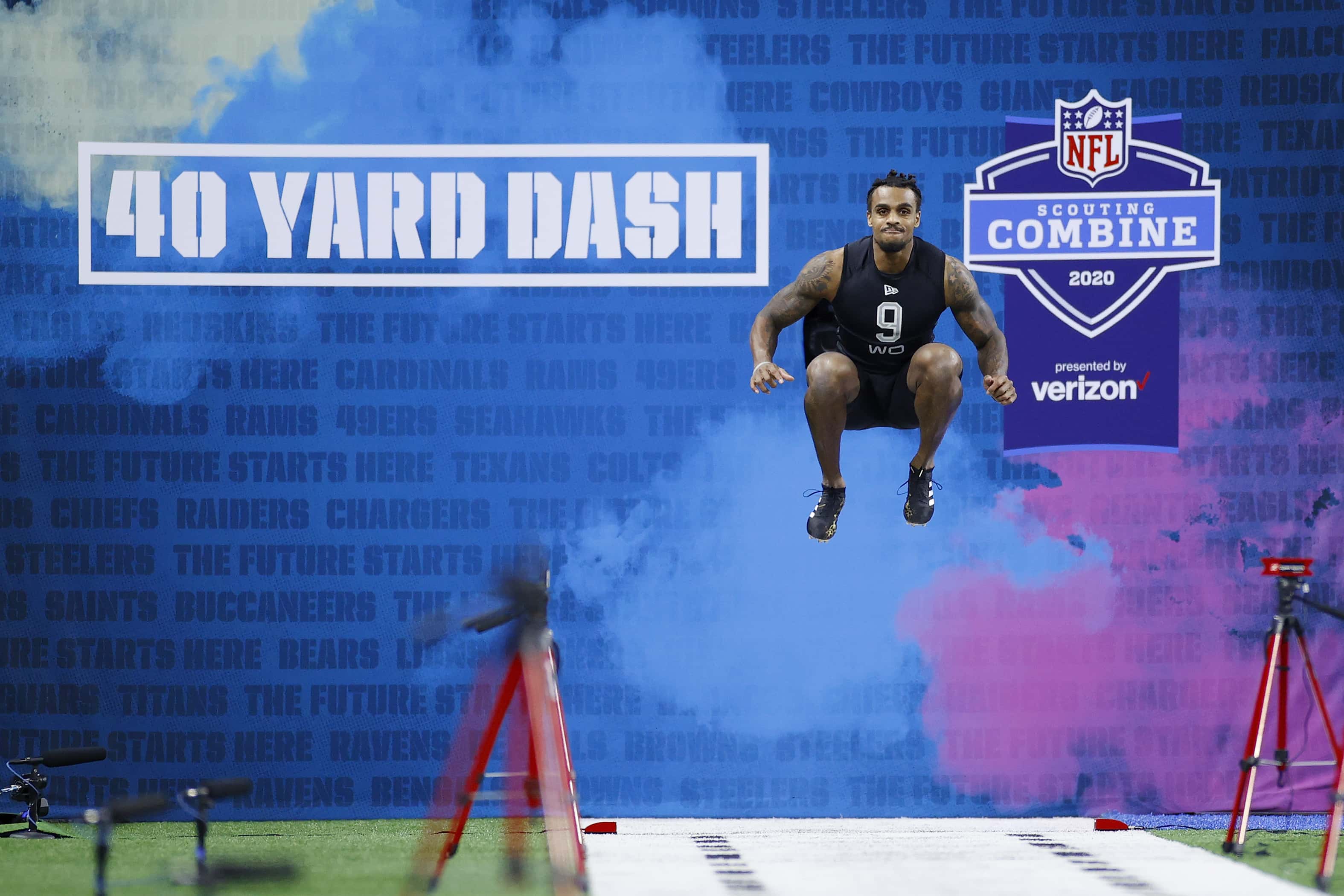Wide receiver Tyrie Cleveland of Florida prepares to run the 40-yard dash during NFL Scouting Combine at Lucas Oil Stadium on February 27, 2020, in Indianapolis, Indiana. (Photo by Joe Robbins/Getty Images)